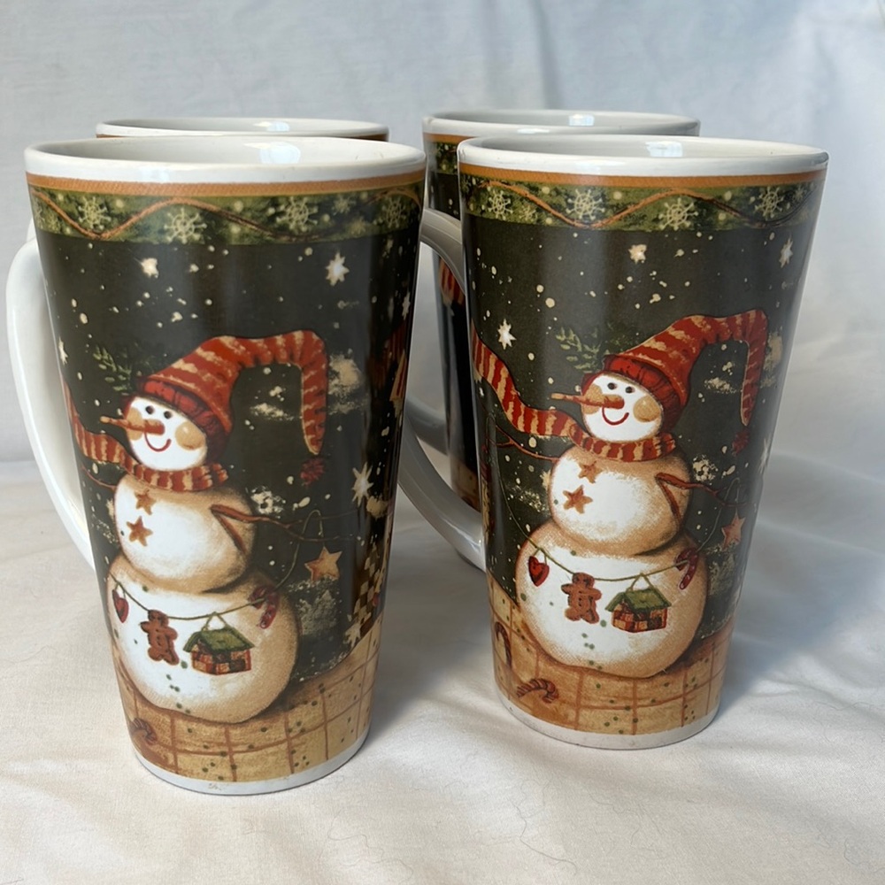 Snowman Tall Latte Mug -USED- Christmas Coffee Cup set of 4, good condition